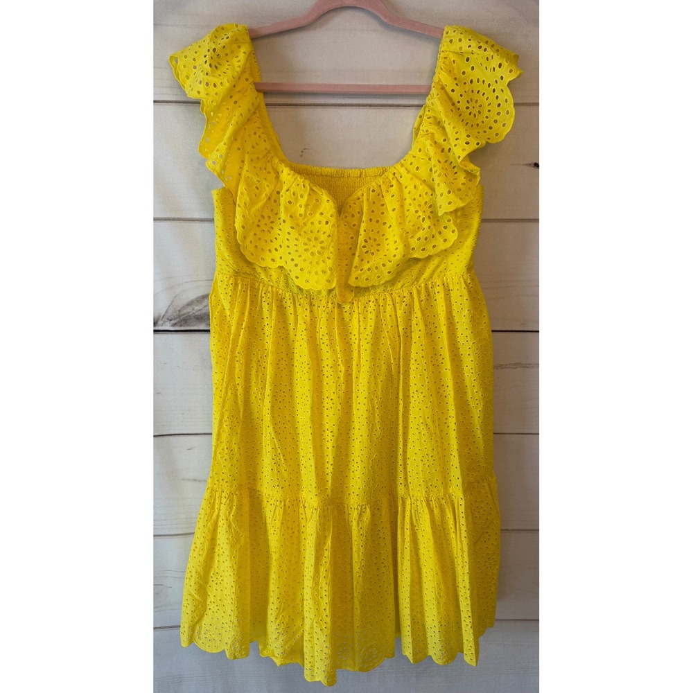 Lilly Pulitzer Yellow Eyelet Ruffle Smocked Tiered Cotton Mini Dress Womens 8